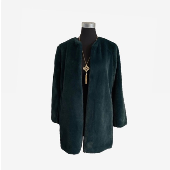 DARK GREEN LUX FAUX FUR SWING COAT MADE IN ITALY - Picture 2 of 6